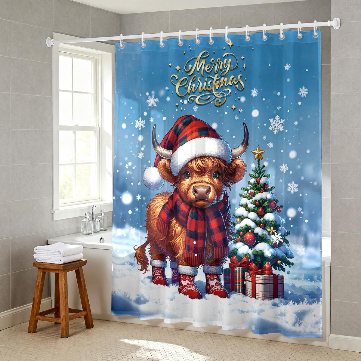 

1 шт. Рождественская водонепроницаемая занавеска для душа с принтом горной коровы, перегородка, приватная подвесная занавеска с 12 крючками, несколько размеров 150x180cm