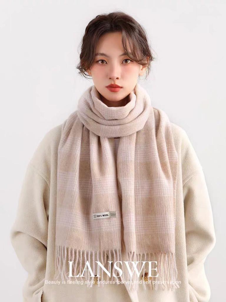 Checkerboard Grain Scarf Female Winter Warm Pure Wool Cashmere Shawl Couple Accessory Premium Sense Windproof Scarf For Women