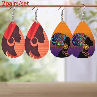 Chic African Girl Silhouette Pattern Tears Earrings Fashion Fashion PU Leather Earrings