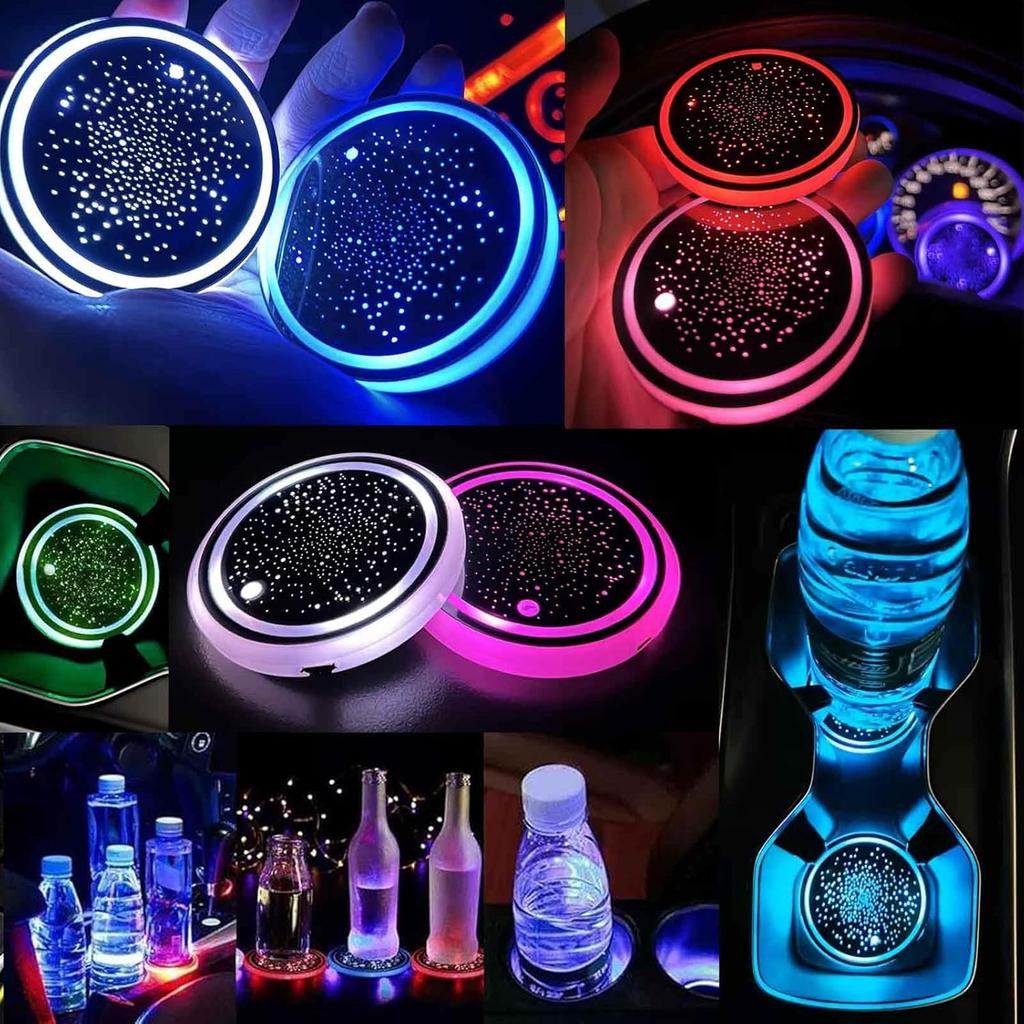 2PCS LED Car Cup Holder Lights, Light Up Car Coasters For Cup Holders 7 Colors Changing USB Charging Mat Waterproof Cup Pad, Car Gifts For Men &