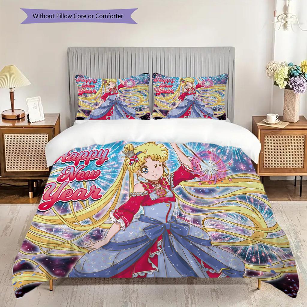 Süßes Cartoon-Thema Sailor Moon Tsukino Usagi Cartoon bequemer Heim-Bettbezug und Kissenbezug (1 * Bettbezug + 2 * Kissenbezug, ohne Füllung)A2