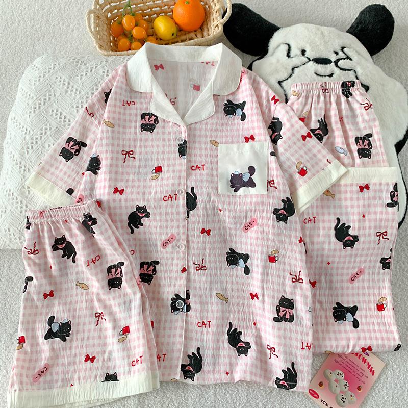 High-Value Cloud Cotton Pajamas Women'S Summer Cute Bow Cat Loungewear Short-Sleeved Three-Piece Set