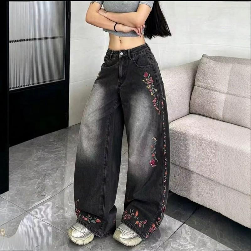 Womens High Waist Wide Leg Jeans Retro Floral Embroidery Loose Straight Washed Denim Trousers