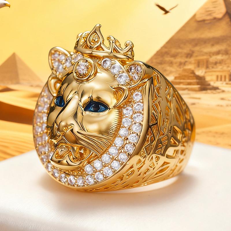 Huitan Hip Hop Goldfarbener Löwenkönig Krone Ring für Männer/Frauen Blaue Augen Löwenkopf Tier Fingerringe Luxuriöser Punk Unisex Schmuck 10 beige