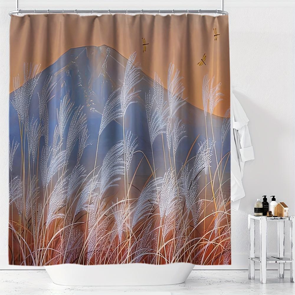 

Polyester Shower Curtain, Mountain Landscape With Pampas Grass & Sunset, Digital Print, All-Season Bathroom Decor W60H190(CM)-1 Pcs