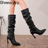 Vintage Pointed Toe Pleated Women Knight High Boots Party Stripper Sexy High Heel Shoes Autumn Winter Female Long Booties