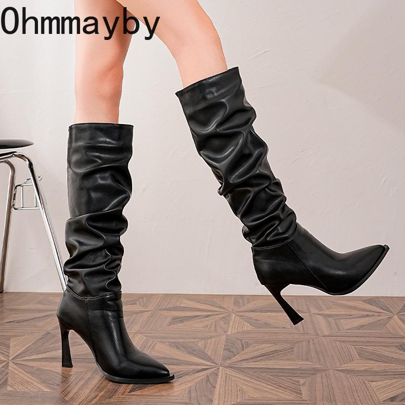Vintage Pointed Toe Pleated Women Knight High Boots Party Stripper Sexy High Heel Shoes Autumn Winter Female Long Booties
