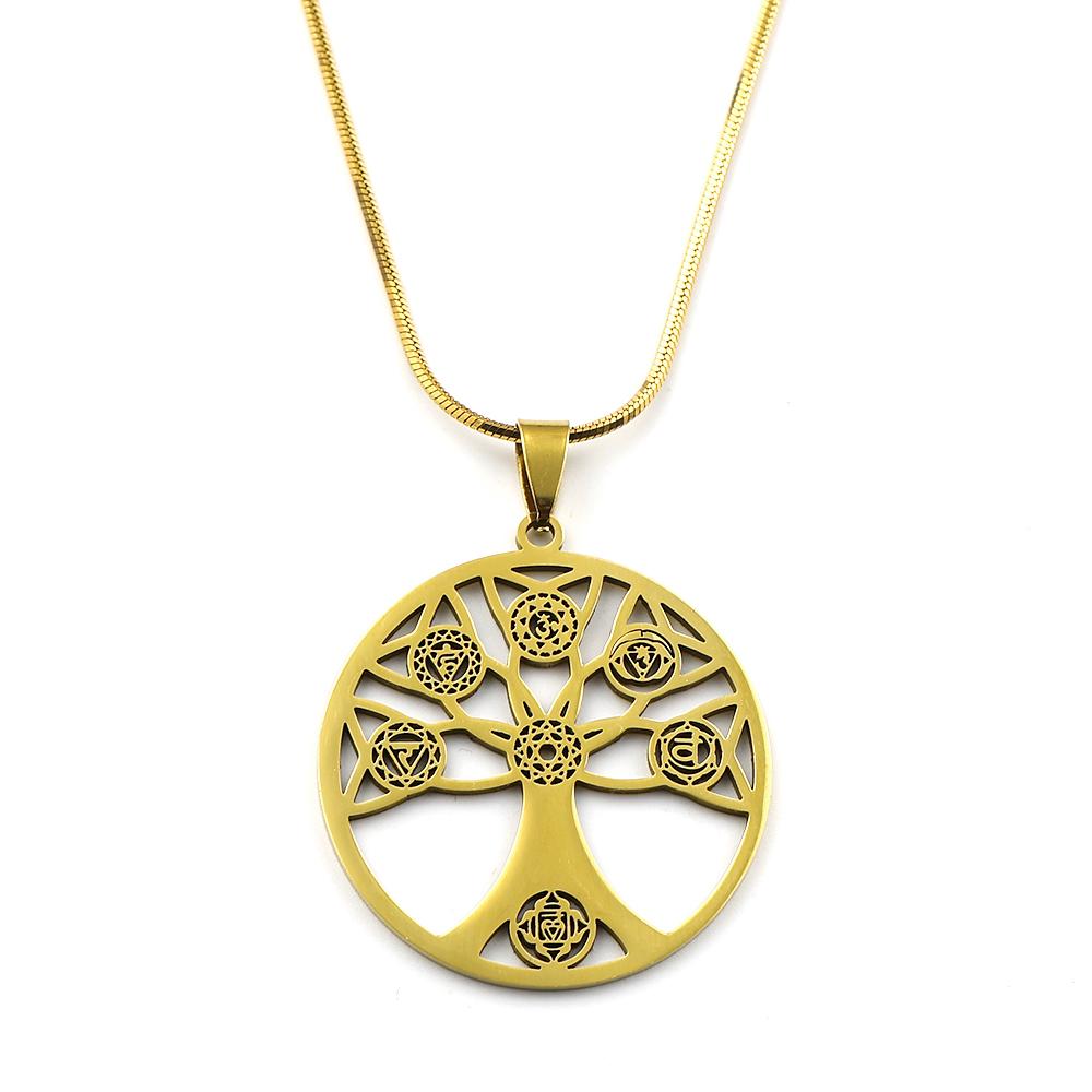 Yoga Hollow Tree of Life 7 Chakras Pendant Necklace for Women Men Stainless Steel Sacred Geometry Reiki Healing Chain Jewelry
