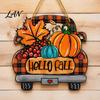 Orange Maple Leaf Ornament Hello Fall Wooden Hanging Sign, Retro Plaid Pickup Truck Ornaments, Wall Pendant Autumn Door Sign with Pumpkin And