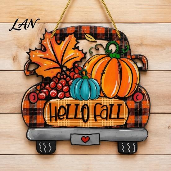 Orange Maple Leaf Ornament Hello Fall Wooden Hanging Sign, Retro Plaid Pickup Truck Ornaments, Wall Pendant Autumn Door Sign with Pumpkin And