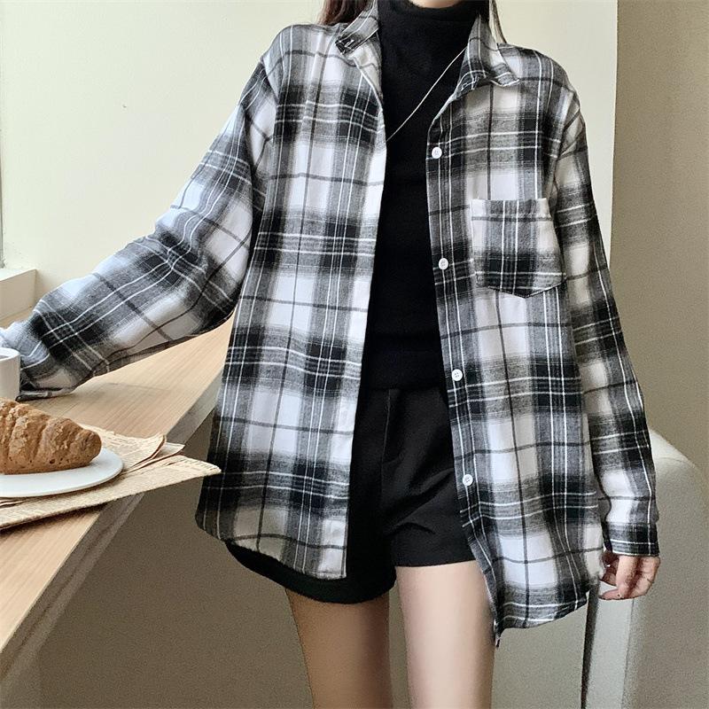 1116 New Spring and Autumn Design Plaid Shirt Jacket Women's New Loose Casual Meat Cover Medium and Long Shirt