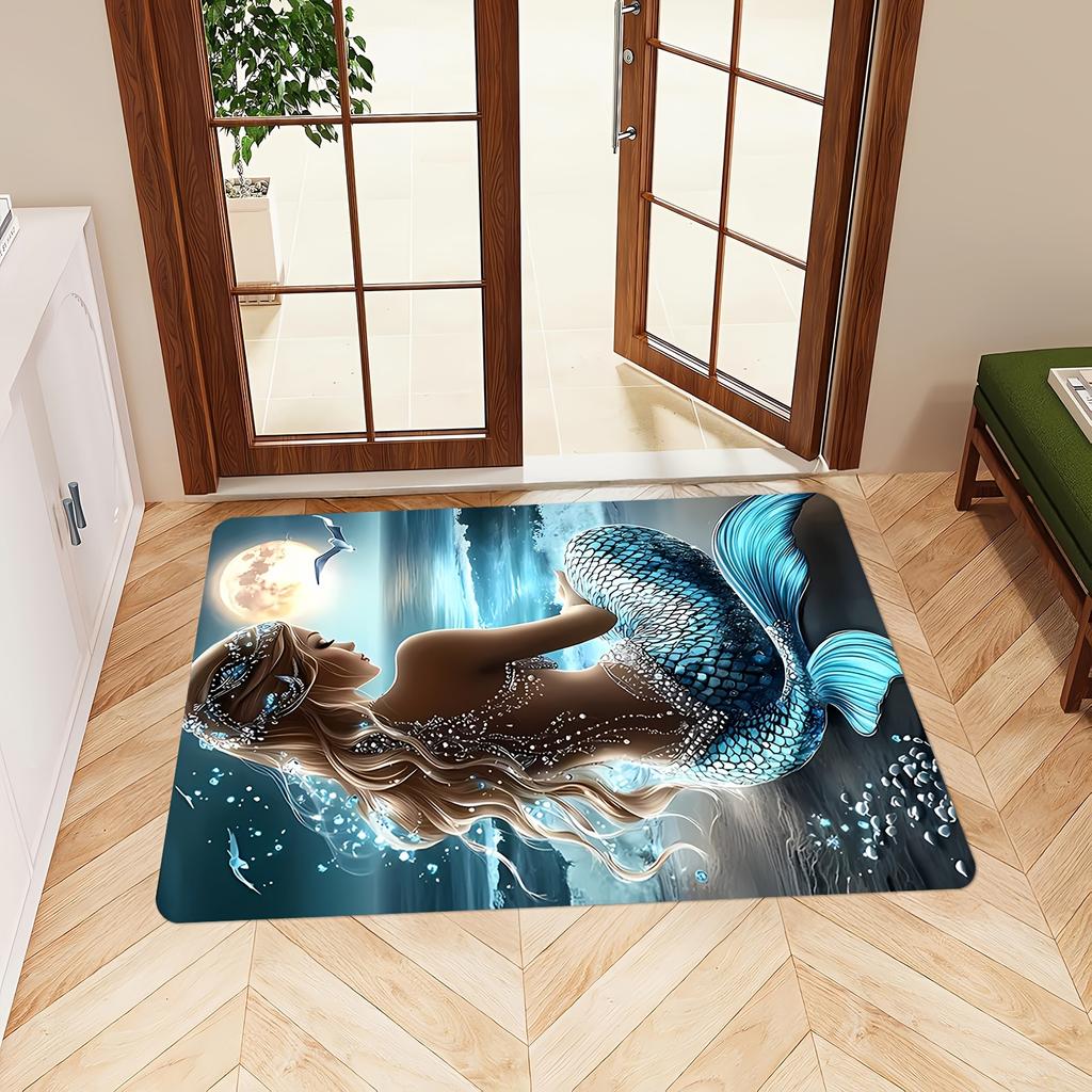 1pc, 2D Flat Mermaid Moonlight Ocean Flannel Area Rug Non Slip Fantasy Carpet For Living Room Bedroom Floor Decor