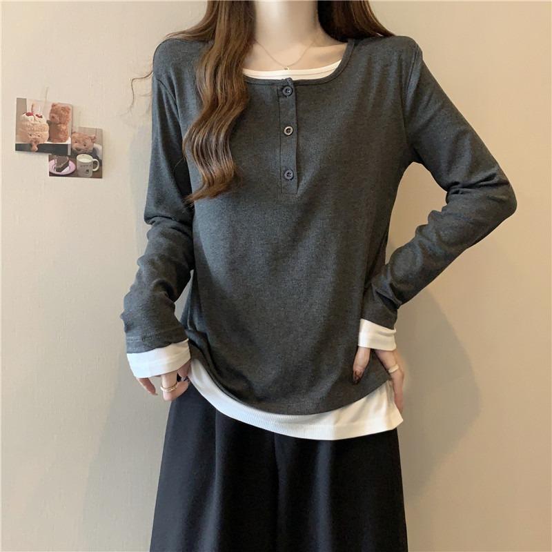 Contrasting Color Fake Two-piece Long-sleeved T-shirt Women's Loose and Thin Design Sense Niche Inner and Outer Top