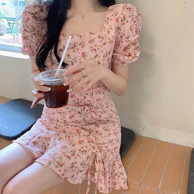 1PC Fashion Mini šaty Šaty Krajka Polyester Krátké šaty Květinový potisk Letní čtvercový límec ke krku