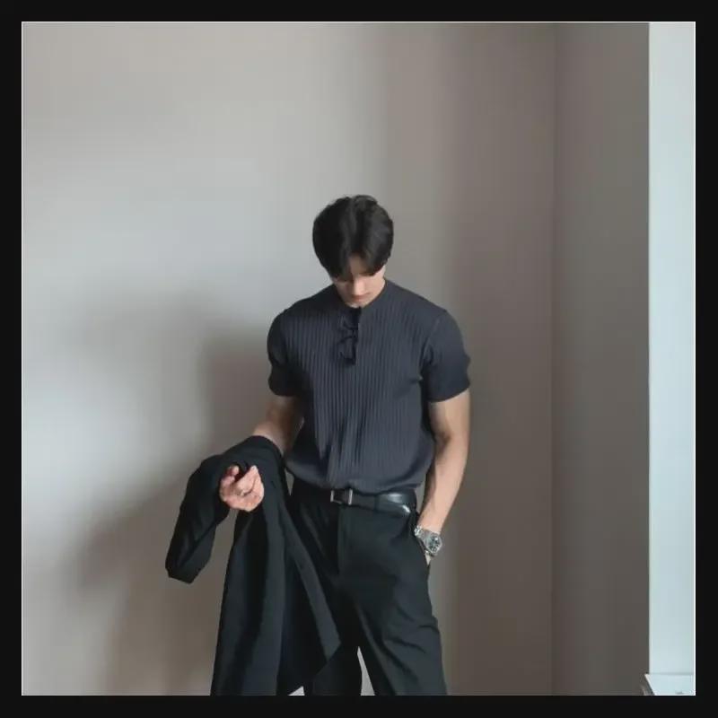 Men's Slim Fit Short-Sleeve Korean Style Knit T-Shirt with Round Neck