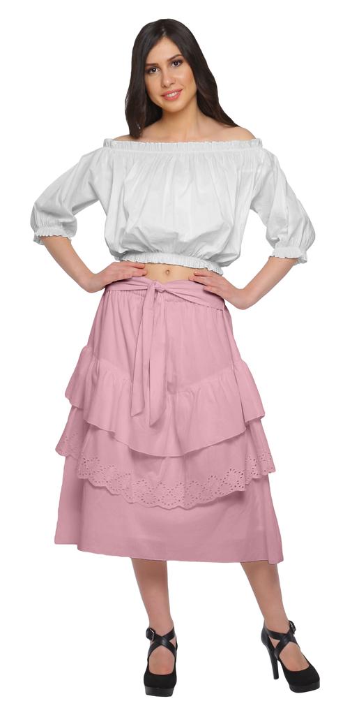 Moomaya Solid Cotton Skirts For Women Knee Length With Lace Belt Ruffle