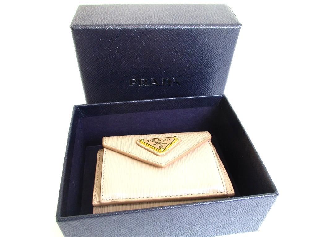 Authentic PRADA Beige Leather Trifold Wallet Compact Wallet #b149  Open Box