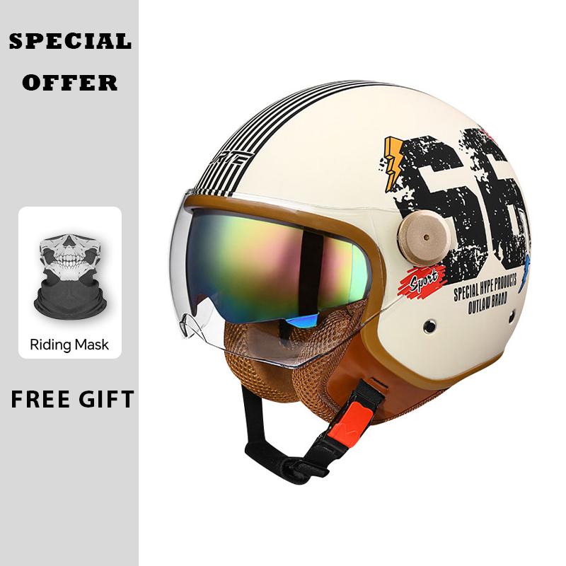Men's Motorcycle Helmets Daul Lens Vintage Retro 3/4 Open Face Helmet Moto Equipment Four Seasons Double Visor Jet Helmet