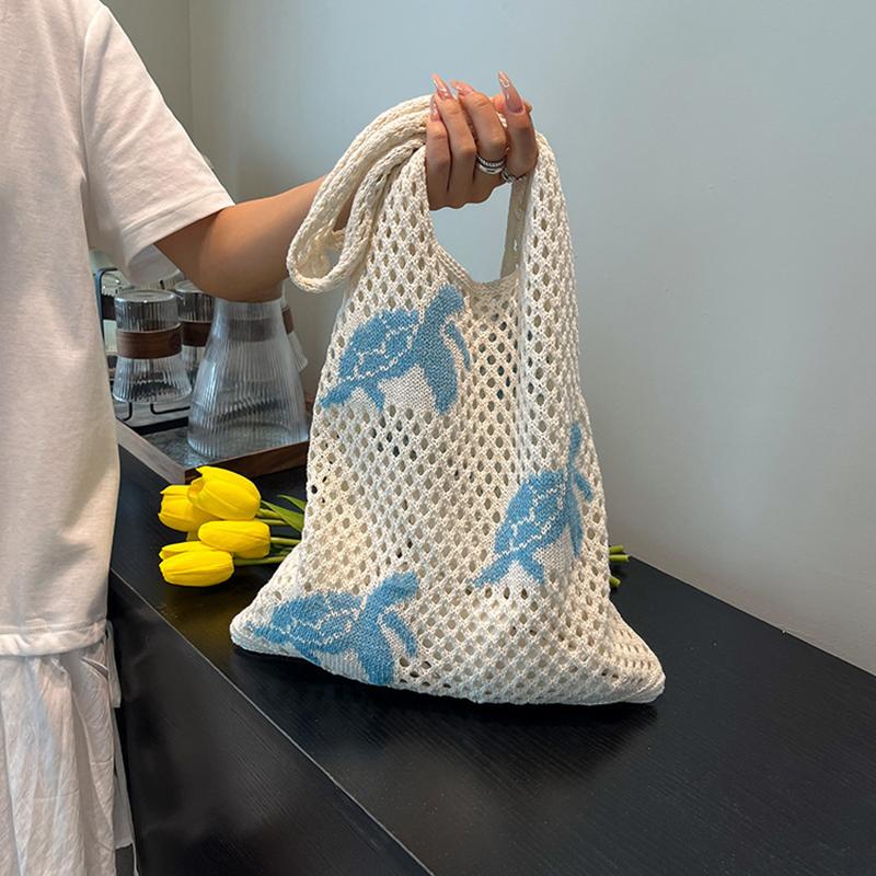 Trendy Large Capacity Crochet Tote Bag Turtle Korean Style Hollow Woven Bag Polyester Embroidered Knitting Handbag Daily KTB