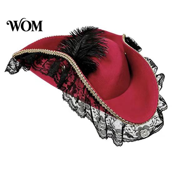 Accessorio Costume da Capitano Cappello Pirata di Halloween, Accessorio, con Pizzo Bordo Borgogna Cappello Retrò e Decorazione Piumata, Leggero Stile Vintage Berretto da Bucaniere