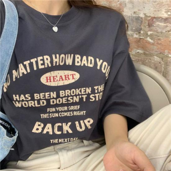

2026 Summer Women s Round Neck Printed Short Sleeve T-shirt - Chic Hong Kong Style Loose Fit L темно-сірий