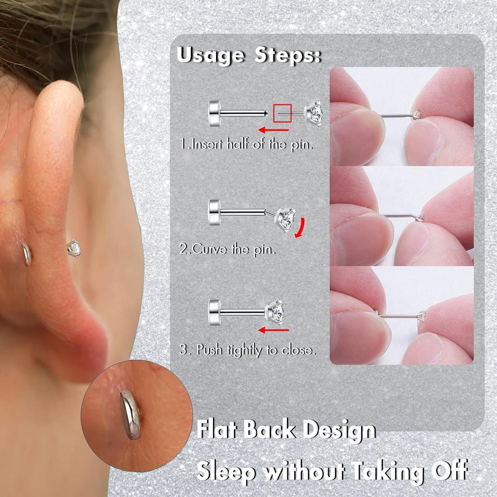 5Pcs Threadless Push In Ear Nose Lip Piercing Jewelry for Women Cartilage Tragus Labret Nostril Earrings Cubic Zirconia 18G/20G