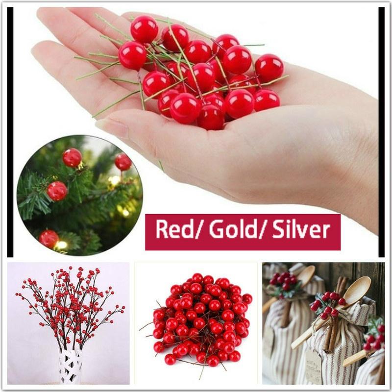 

100 шт. Искусственные красные ягоды падуба, елочные украшения, рождественская свадебная гирлянда, украшения для дома 2,5 см 1cm