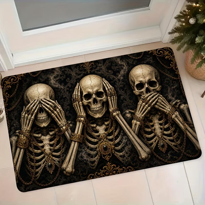 1pc Vintage Dark Skull Three-Face Flannel Floor Mat, Halloween Gothic Style Entryway Doormat, Non-Slip Foot Mat for Bedroom or Study Room