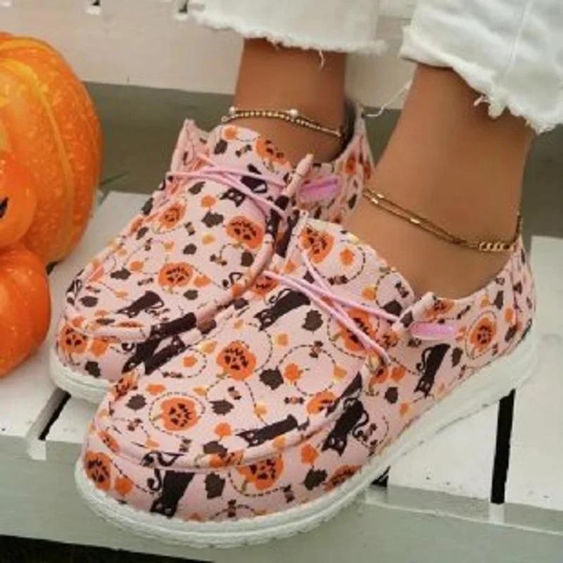 Plus Size Women's Vulcanize Shoes Spring and Autumn Casual Halloween Pumpkin Print Canvas Shoes Fashion Flat Shoes Zapatos Mujer