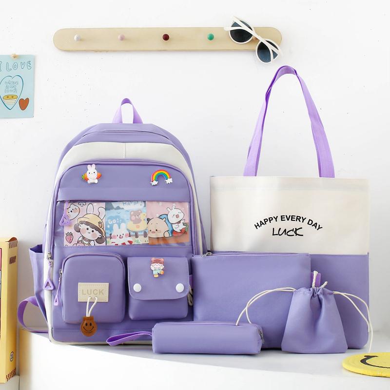 Five-Piece Backpack Set Women's Color Block Backpack Student Schoolbag Large Capacity Backpack