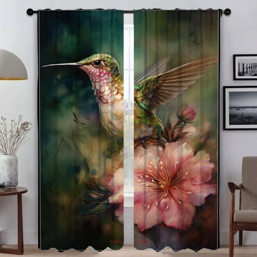 Set Of 2 Kitchen Curtains Camera Hummingbird Birds Living Room Partition Halloween Decoration Window Curtain Modern Made Polyester Sitting Treatment