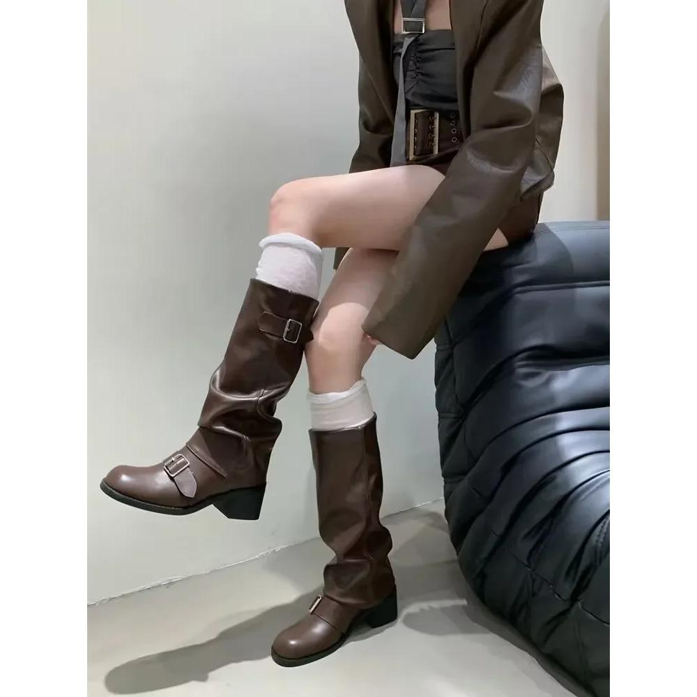 Damenstiefel Kniehoch Plateau Klobige Absätze Trend Punk Gothic New Rock Leder Mode Damenschuhe Motorradschuhe