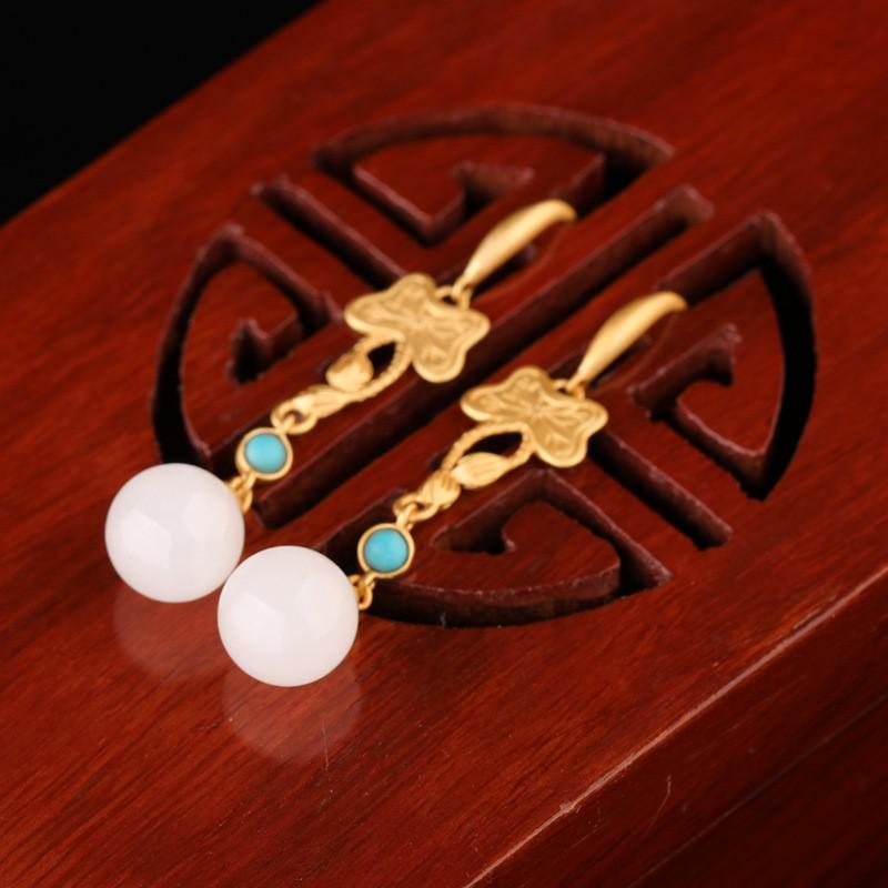 

Lotus Gold-Plated 925 Silver Hanfu Earrings with Inlaid Hetian Jade & Cheongsam Style Certificate 925 Silver