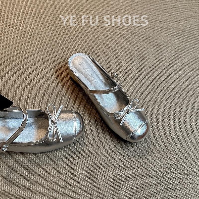Small inner height increase silver bow bag head half slippers women's summer wear 2025 new one-word with thick bottom