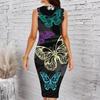 Women Plus Size Crew Neck Sleeveless Midi Dress Oil Painting Style Daisy Butterfly Floral Print Bodycon Dress