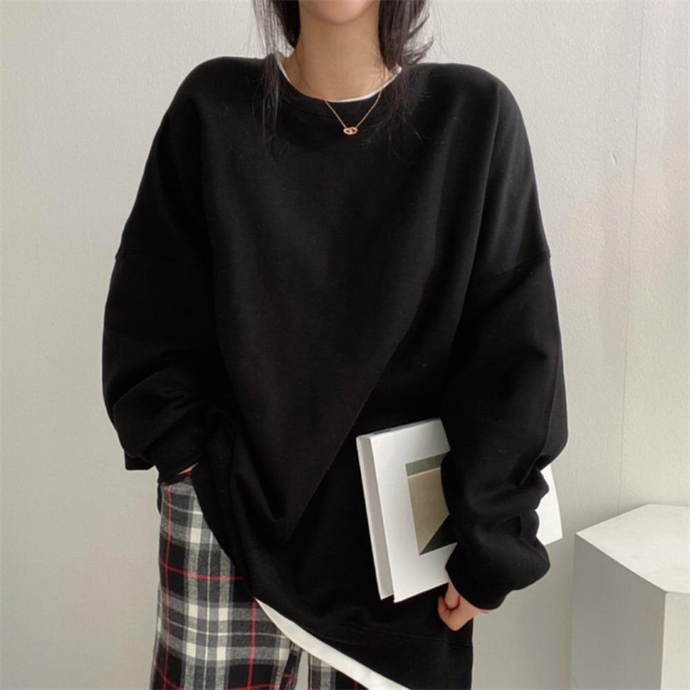 Women's Casual Two-in-One Sweatshirt, Loose Korean Style Solid Color Fleece Top, All-Match Spring Autumn Outerwear