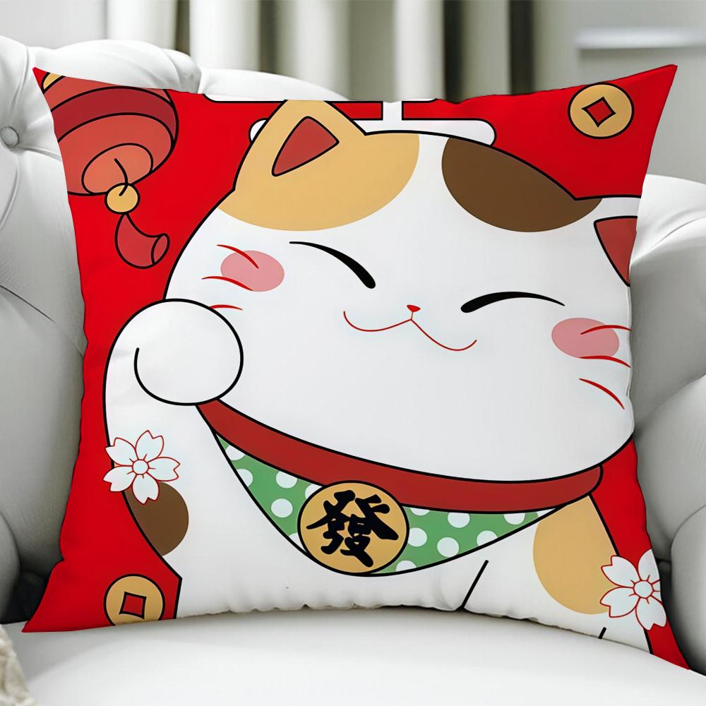 Maneki Neko Rich Luck Money Cat cushion cover Birthday Anniversary Gifts Double Sided Printed Zipper Cushion Cover