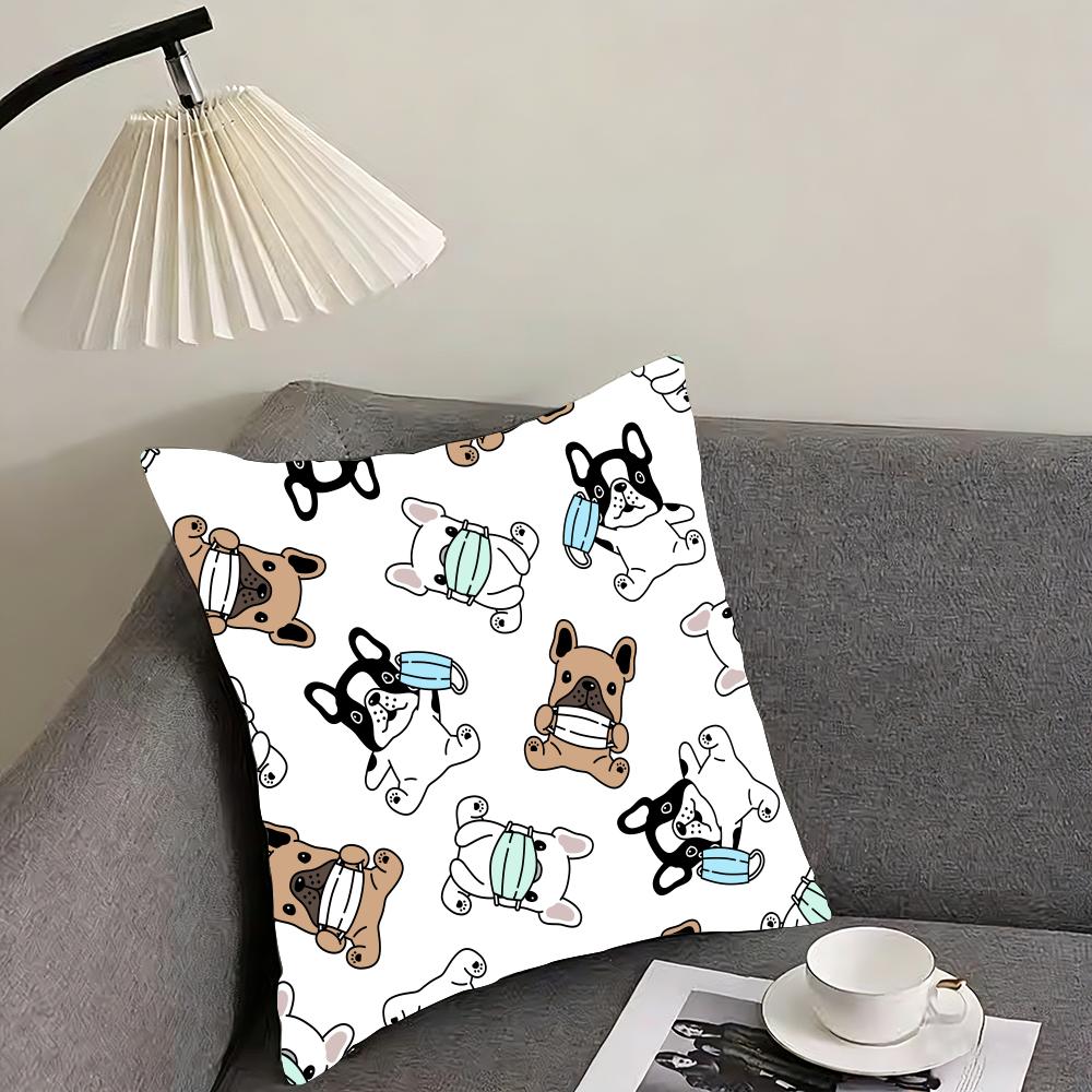 Cartoon French Bulldog Pattern Cushion Cover Reversible Plush Pillow Cover – For car, sofa, bedroom, perfect as a gift.