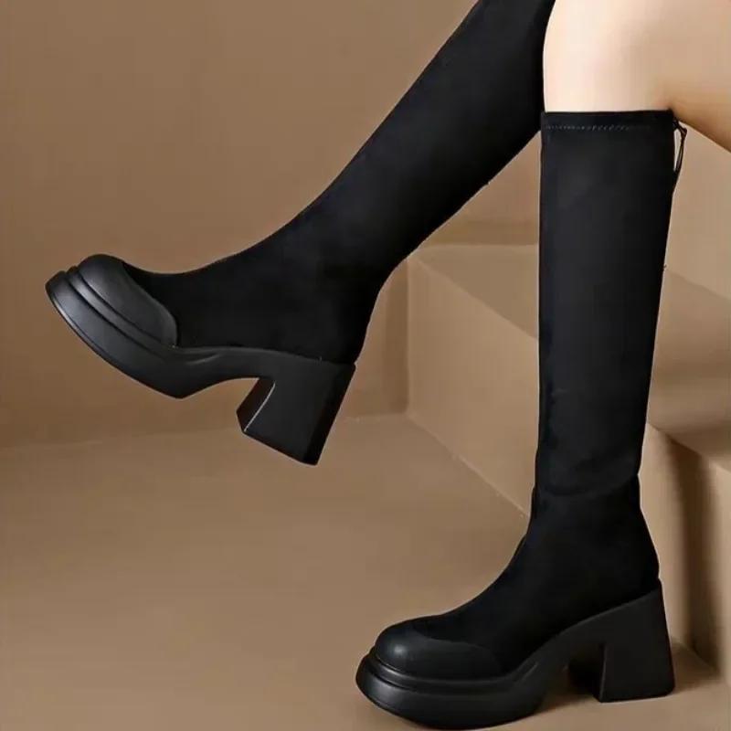 Women's Long Boots Platform Elastic Round Toe Large Size Warm Ladies Knee High Shaft Shoes Waterproof New In Spring 2024 Quality
