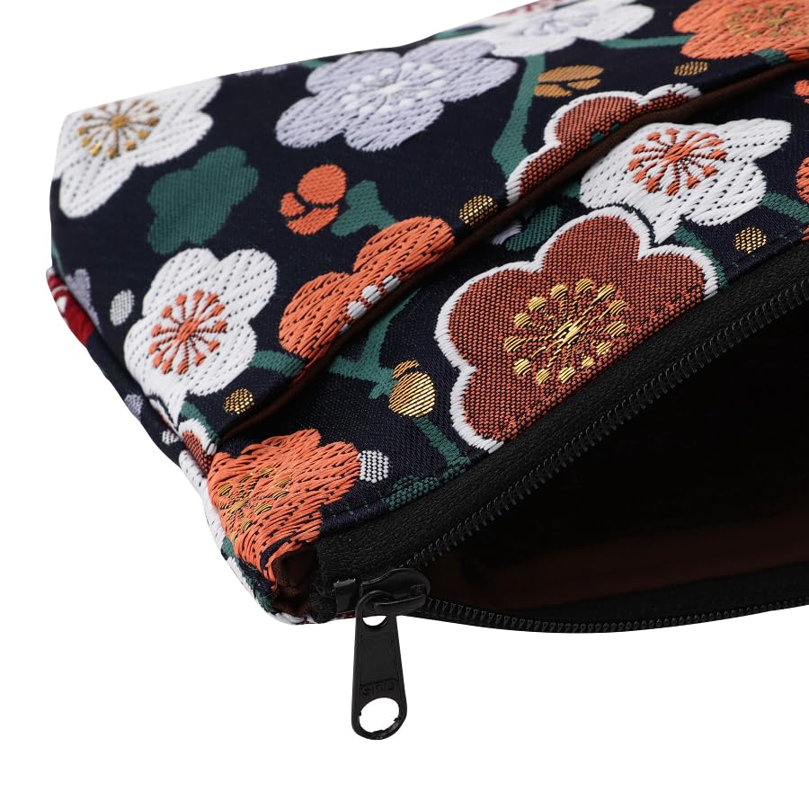Senshishuin Nishijin Brocade Pouch Ai Ume Ranman Plum Blossoms In Full (Lined) - (Blue Bloom) (Small)