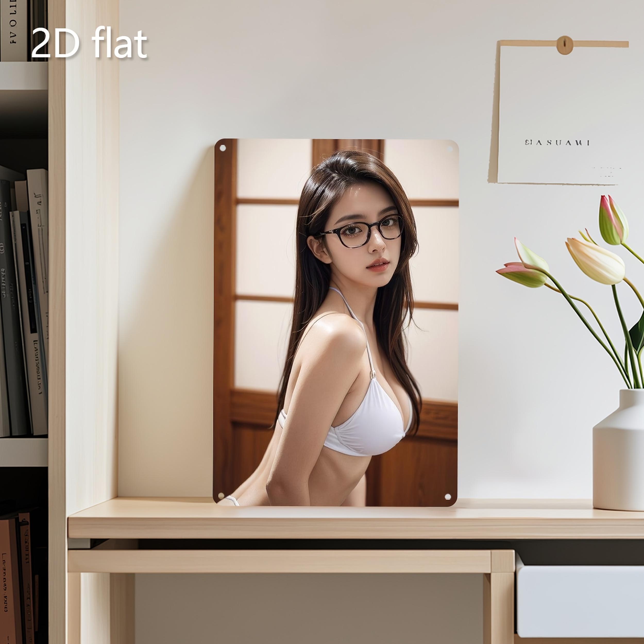 

Vintage East Asian Beauty with Long Dark Hair Black Glasses in White Halter Bikini Posing by Traditional Wooden Window Metal T 20x30cm（7.8x11.8inch）