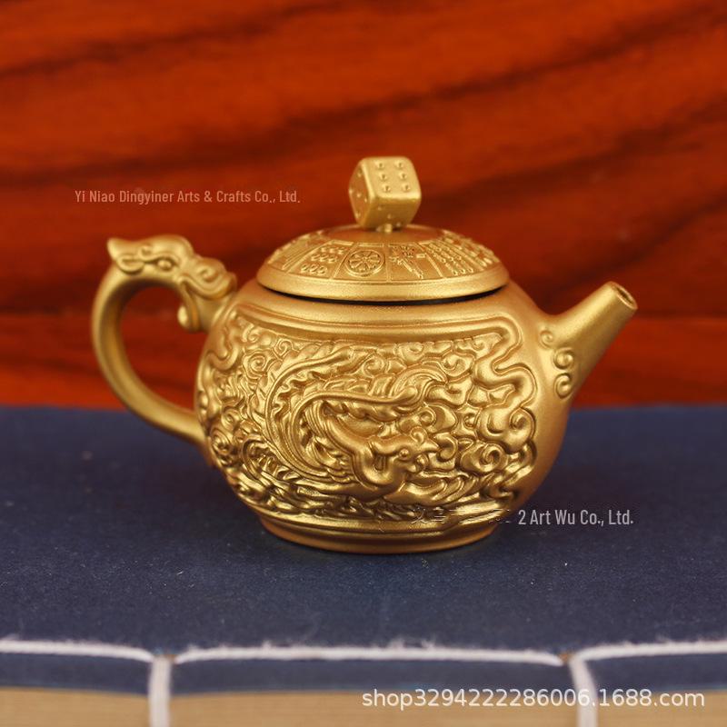 Brass Handle Rotating Dragon and Phoenix Mini Teapot for Mahjong Copper Crafts Gift