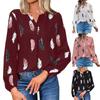 Ladies Fashion New Feather Print Notched Neck  Sleeve Blouse Long Sleeve Tops