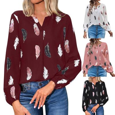 Ladies Fashion New Feather Print Notched Neck  Sleeve Blouse Long Sleeve Tops