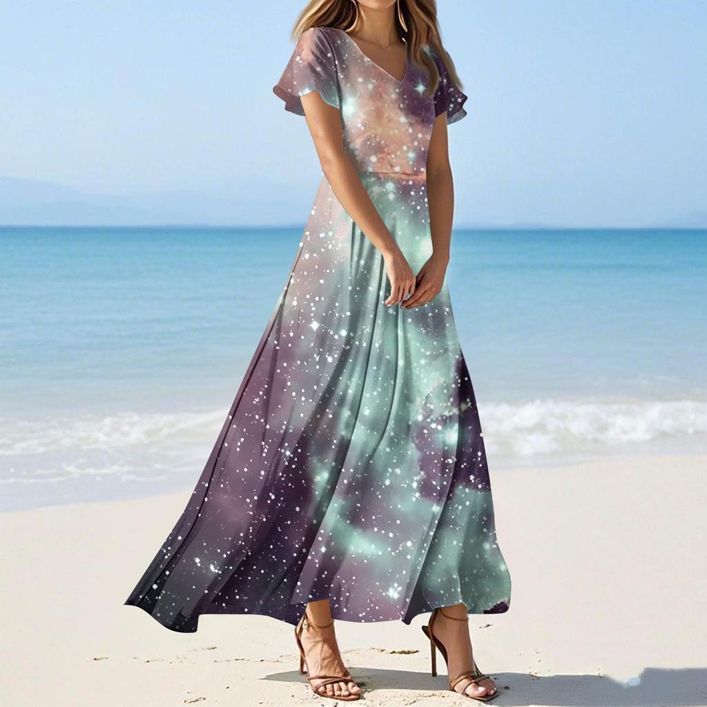 Women's Summer Casual Fashion -Print V-Neck Short-Sleeve Patchwork Dress