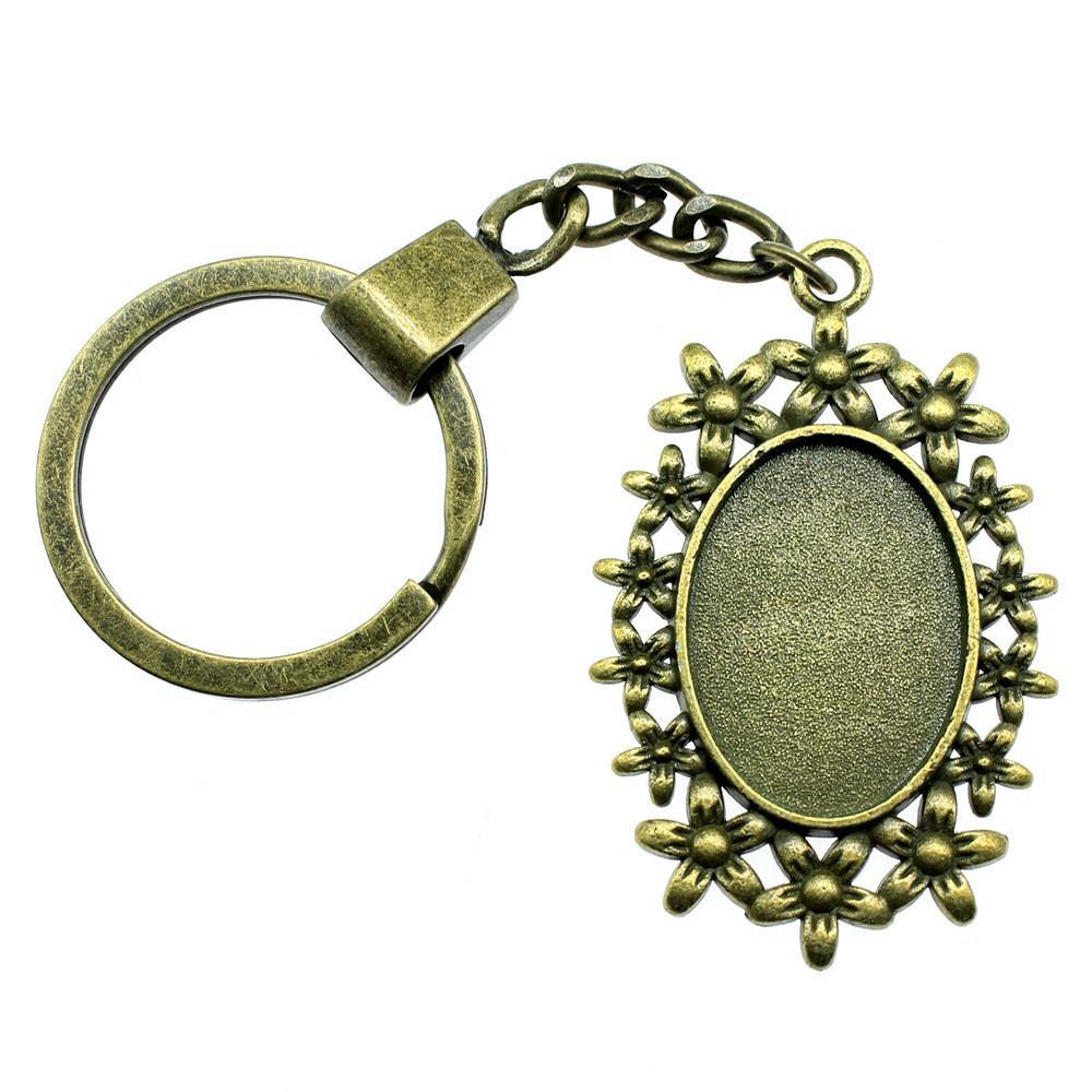 Heart Elliptical Glass Cabochon Base Setting Tray Blank Antique Bronze Metal Keychain for Family Gift