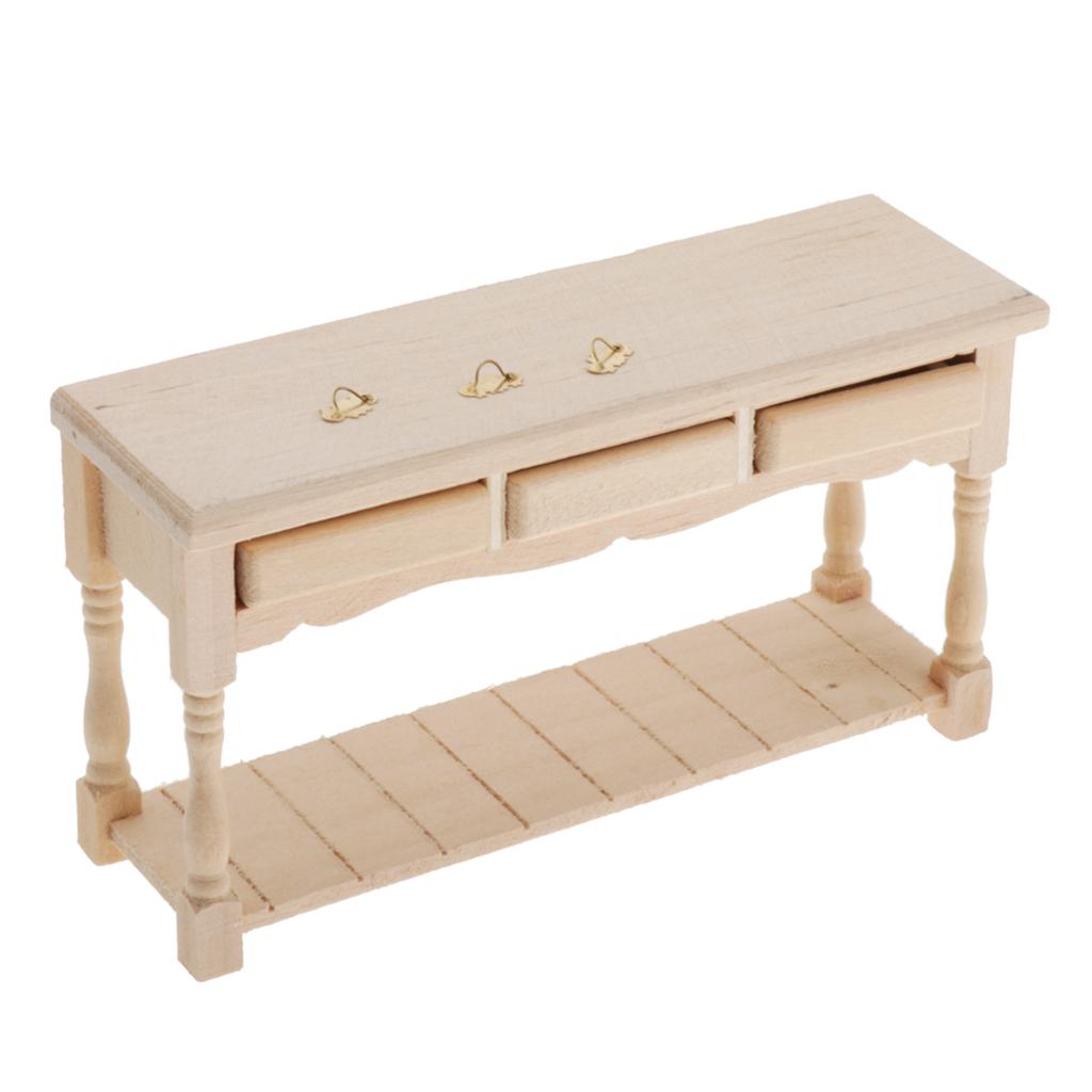 1:12 Miniature Table European Style Rectangular Table with 3 Drawers Wooden Dollhouse Furniture for Doll House Living Room Decor