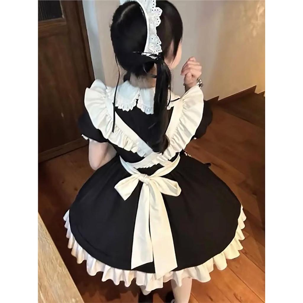Dress Bow Elastic Lolita High One-piece 3-piece Set Short-sleeved Dress, Tie, Apron, Frills, Knee-length, Lace, Waist, Style, A-line, Waist, Cute,