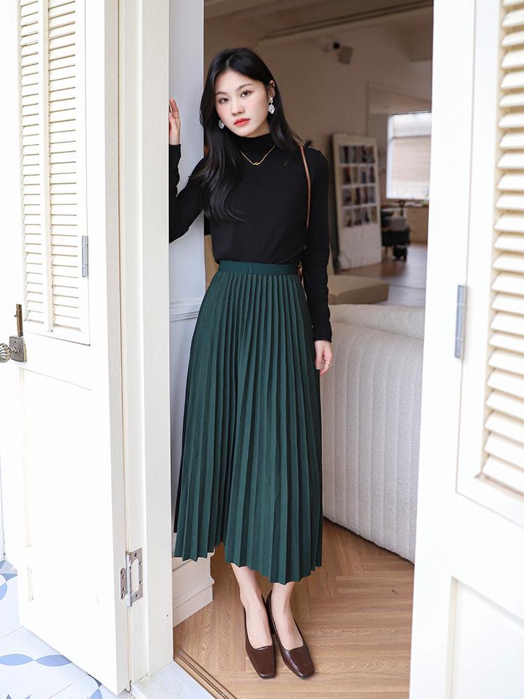 Temperamental Elegant High-Waist Woolen Pleated Skirt - Women's Mid-Length Swing Skirt
