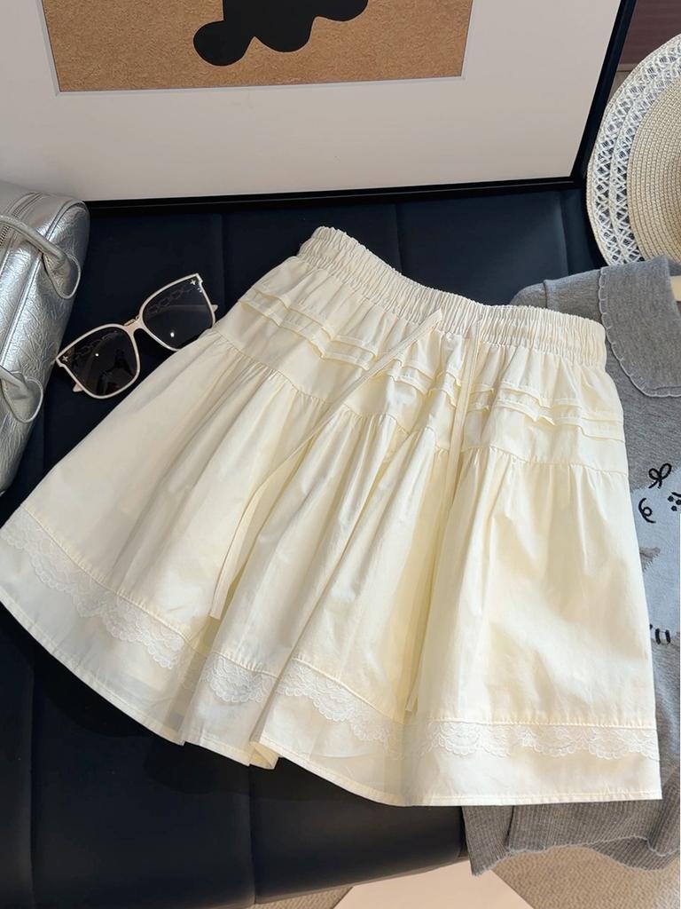 Women's Elastic Waist A Line Mini Skirt Loose Fit Japanese Korean Casual Solid Lace Tiered Ruffle Short Skirt